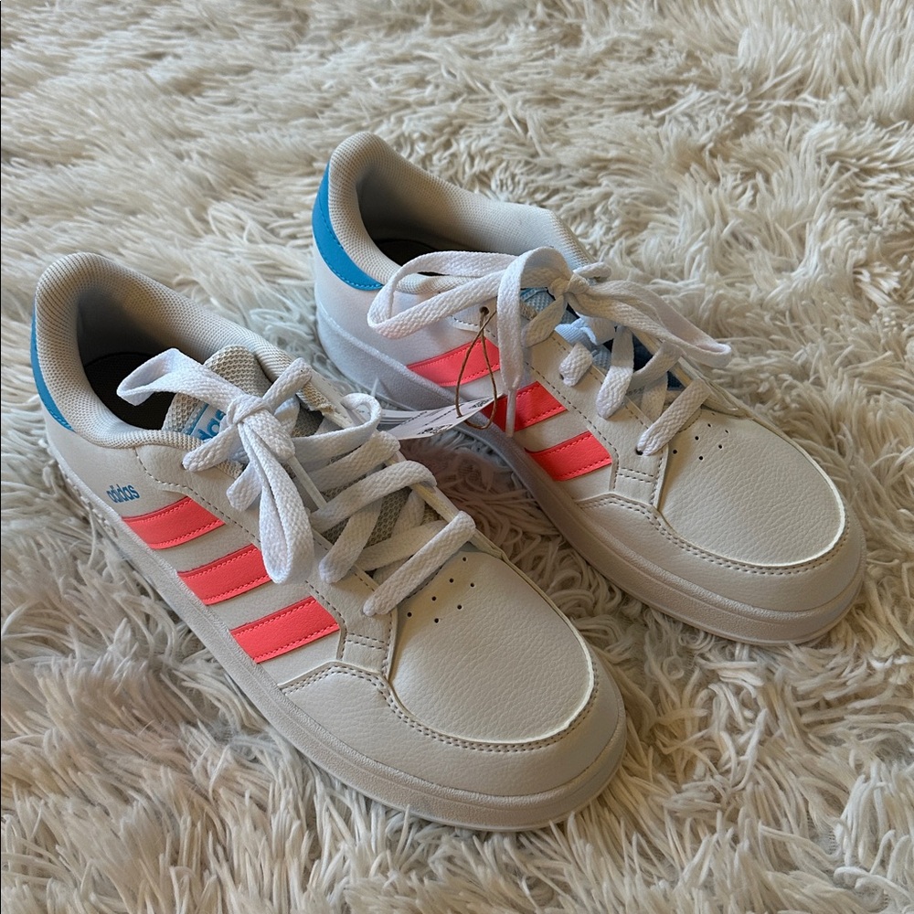 Adidas Kids' White Sneakers with Pink and Blue Accents